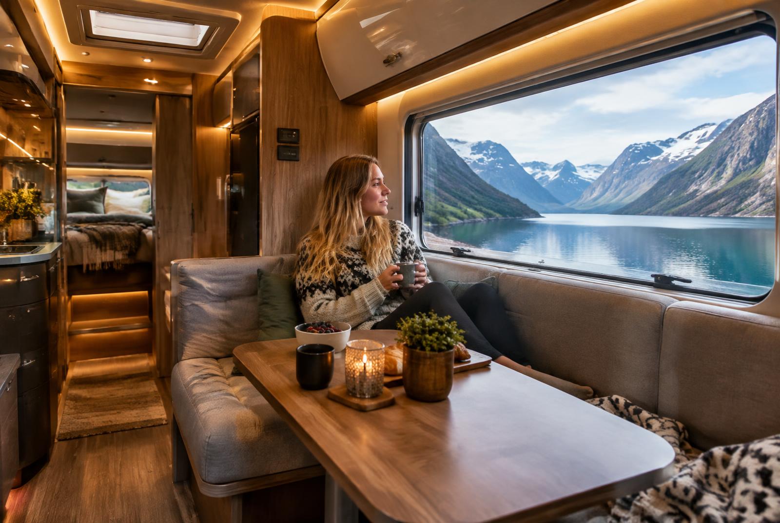 Interiør i bobil med utsikt mot fjorden
